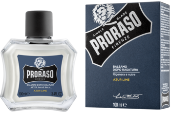Proraso Azur Lime balsam po goleniu 100ml w szklanej butelce pod kątem obok ciemnoniebieskiego pudełka.