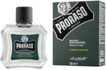 Balsam po goleniu Proraso Cypress & Vetyver, szklana butelka i ciemnozielone pudełko, widok z przodu.