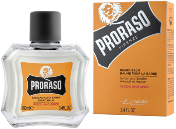 Balsam do brody Proraso Wood and Spice w szklanej butelce i pomarańczowym pudełku, ujęcie z przodu.
