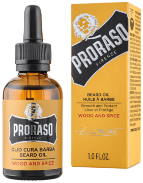 Proraso Beard Oil Wood and Spice. Bursztynowa butelka z zakraplaczem, żółte pudełko widoczne po prawej. 1.0 FL.OZ.