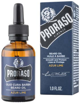 Proraso Azur Lime Beard Oil w brązowej butelce z zakraplaczem obok granatowego pudełka, wygładza i chroni zarost.