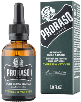 Olejek Proraso Cypress & Vetyver do brody. Bursztynowa butelka z zakraplaczem i ciemne pudełko, widok z przodu.