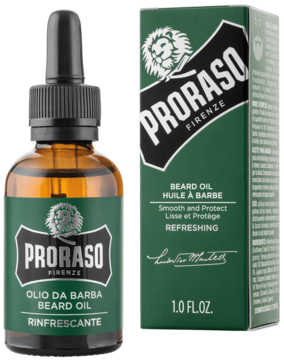 Proraso Refreshing Beard Oil w bursztynowej butelce z zakraplaczem, obok zielone pudełko. Widok z przodu.
