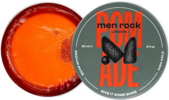 Pomada Men Rock Give It Some Shine w otwartym i zamkniętym metalowym opakowaniu, pomarańczowa substancja z połyskiem.