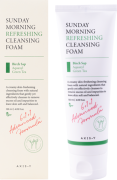AXIS-Y Sunday Morning Refreshing Cleansing Foam, biała tuba i pudełko, widok z przodu, z Birch Sap i Green Tea.