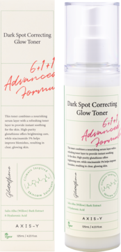 AXIS-Y Dark Spot Correcting Glow Toner, biała butelka z pompką i opakowanie. Z glutathionem i niacynamidem.