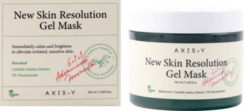 AXIS-Y New Skin Resolution Gel Mask: ciemnozielony słoik i beżowe pudełko z niacynamidem i wąkrotą azjatycką.