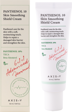 Biała tubka i opakowanie Axis-Y Panthenol 10% Skin Smoothing Shield Cream, krem nawilżający z pantenolem.