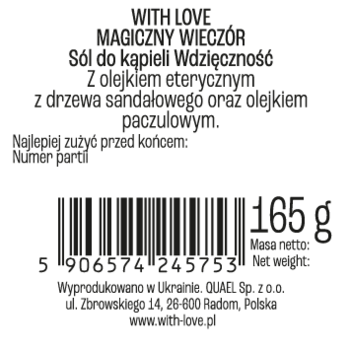Okrągła etykieta soli do kąpieli Wdzięczność 165g, z olejkiem sandałowym i paczulowym, widok z góry.