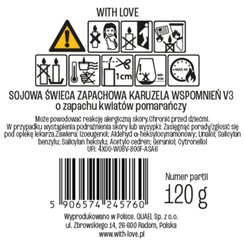 Tył okrągłej etykiety sojowej świecy "Karuzela Wspomnień V3" o zapachu pomarańczy, ostrzeżenia i kod kreskowy, 120g.
