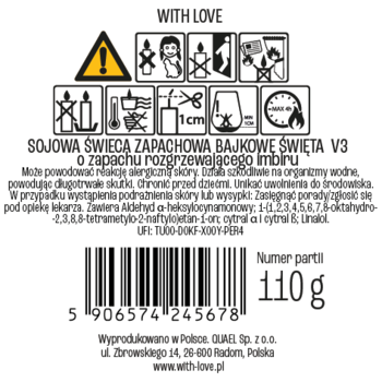 Okrągła etykieta sojowej świecy zapachowej z imbirem, widok od spodu, z kodem kreskowym i ostrzeżeniami.