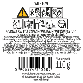 Etykieta sojowej świecy "Bajkowe Święta" V10 o zapachu cynamonowych ciastek, z ostrzeżeniami i danymi.
