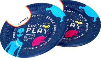 Dwa papierowe talerzyki Alouette Space Party w granatowym kolorze, z motywem kosmity i napisem "Let's PLAY".
