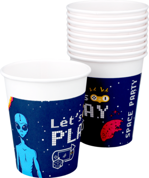 Kubki papierowe Alouette Space Party, biało-niebieskie, z kosmiczno-gamingową grafiką "Let's Play" i alienem, stos w tle.