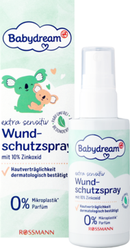 Babydream extra sensitiv Wundschutzspray 10% Zinkoxid. Biała butelka i pudełko z grafiką koali, widok z przodu.