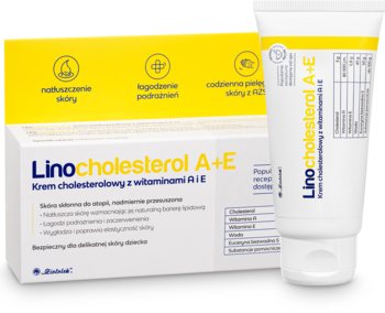 Linocholesterol A+E, nawilżający krem cholesterolowy w białej tubce i pudełku z żółtymi akcentami.