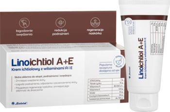 Krem Linoichtiol A+E ichtiolowy z witaminami A+E w białym opakowaniu i tubce, na swędzącą skórę.