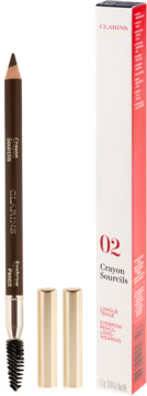 Trwała kredka do brwi Clarins Light Brown z pędzelkiem, pionowo obok biało-czerwonego opakowania.