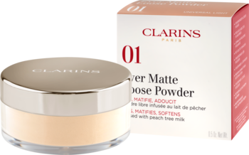 Puder sypki Clarins Ever Matte Loose Powder 01 Universal Light w beżowym słoiczku z złotą nakrętką obok jego pudełka.