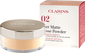 Puder sypki Clarins Ever Matte 02 Universal Medium, matujący, w szklanym słoiczku ze złotą nakrętką i pudełku.