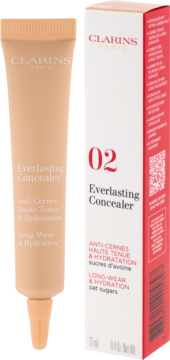 Clarins Everlasting Concealer 02 w beżowej tubce i białym pudełku, z napisem 'Long-Wear & Hydration', widok z przodu.