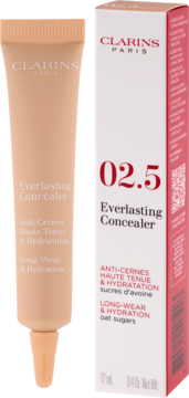 Clarins Everlasting Concealer 02.5, beżowa tubka i białe opakowanie, długotrwały korektor pod oczy.