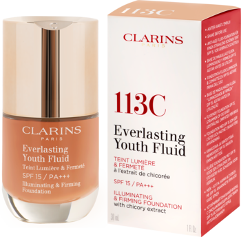 Butelka i pudełko podkładu Clarins Everlasting Youth Fluid 113C Chestnut, rozświetlająco-ujędrniający.