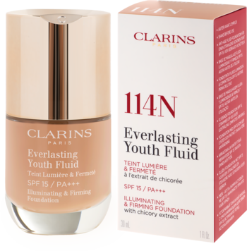 Clarins Everlasting Youth Fluid 114N Cappucino SPF15 illuminating foundation. Glass bottle & retail box, front view.