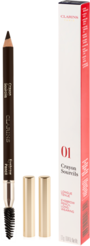 Clarins trwała kredka do brwi 01 Dark Brown z pędzelkiem, obok pionowego biało-czerwonego opakowania.