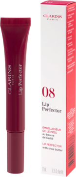 Bordowy błyszczyk Clarins Lip Perfector 08 w tubce z napisem, obok białe opakowanie z czerwonymi detalami.