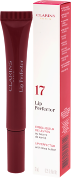 Clarins Lip Perfector 17 Intense Maple, błyszczyk do ust w ciemnoczerwonej tubce obok białego opakowania.