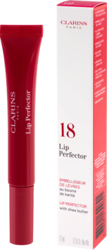 Czerwony błyszczyk Clarins Lip Perfector w tubce oraz jego biało-czerwone pudełko z napisem "18". Widok z przodu.
