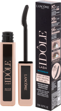 Otwarty czarny tusz Lancôme Lash Idôle, wodoodporny, liftingujący, z aplikatorem i różowo-czarne pudełko.