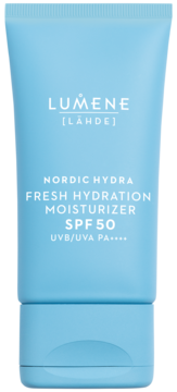 Lumene Nordic Hydra Fresh Hydration Moisturizer SPF 50, jasnoniebieska tubka z białym tekstem, widok z przodu.