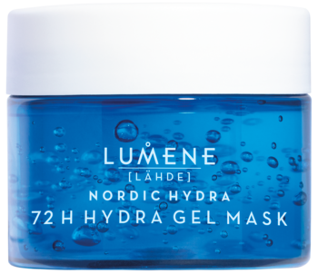 Nawilżająca maska żelowa Lumene Nordic Hydra 72H w niebieskim słoiczku, z bąbelkami, widok z przodu.