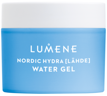 Lumene Nordic Hydra Water Gel w niebieskim słoiku z białą zakrętką, widok frontalny, lekki żel nawilżający.