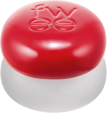 FWEE Blurry Pudding Pot RD03 Ambitious. Czerwony, błyszczący pot z logo, na białej podstawie, róż i pomadka.
