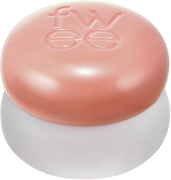 FWEE Blurry Pudding Pot ND01 Oh!, okrągły różowo-brzoskwiniowy wielozadaniowy róż/pomadka z logo fw ee. Widok z góry.