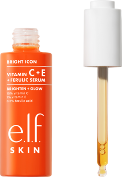 Elf SKIN Bright Icon Vitamin C+E+Ferulic Serum w pomarańczowej butelce z wyjętym zakraplaczem, widok z przodu.