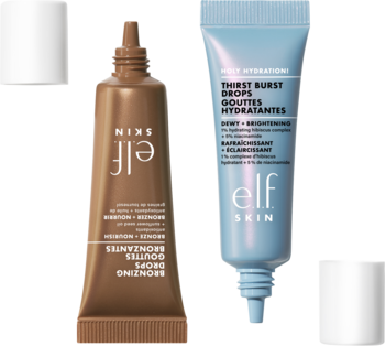 e.l.f. SKIN Holy Hydration! Thirst Burst i Bronzing Drops, serum w niebieskiej i brązowej tubce, obok siebie.