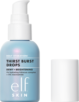 e.l.f. Thirst Burst Drops, żelowe serum nawilżająco-rozświetlające. Błękitna butelka z pompką, obok biała zakrętka.