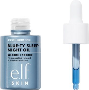 Olejek na noc e.l.f. Skin Blue-Ty Sleep z granaktywnym retinoidem w niebieskiej butelce z zakraplaczem.