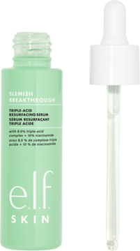 e.l.f. SKIN Blemish Breakthrough serum z kwasem i niacynamidem, zielona butelka, widok z przodu.