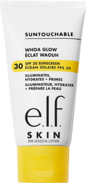 e.l.f. Skin Suntouchable Whoa Glow SPF 30 Sunscreen, biała tubka z żółtą nakrętką, front.