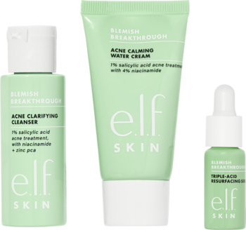 Zestaw e.l.f. SKIN Blemish Breakthrough: trzy zielone kosmetyki do cery trądzikowej na zielonym tle.