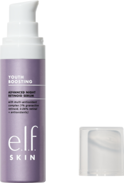 Fioletowe serum e.l.f. Skin Youth Boosting z retinoidem w butelce z białą pompką, widok z przodu.