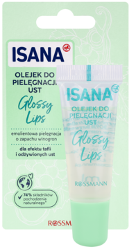 Isana Glossy Lips olejek do ust winogronowy w biało-zielonym pudełku i tubce, obok siebie na jasnym tle.