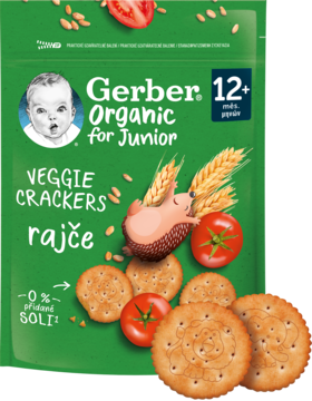 Front opakowania Gerber Organic Veggie Crackers z pomidorem 12m+, zielone, z jeżem i krakersami. Bez soli.