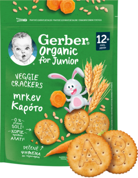 Gerber Organic Veggie Crackers 12+, carrot flavor, green pouch with ABC crackers and bunny illustration.