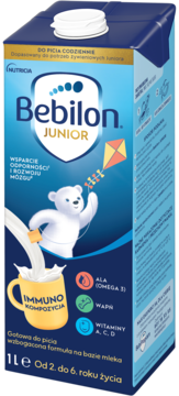Bebilon JUNIOR 1L, niebieski karton mleka modyfikowanego dla dzieci 2-6 lat. Z witaminami, Omega 3, wspiera odporność.